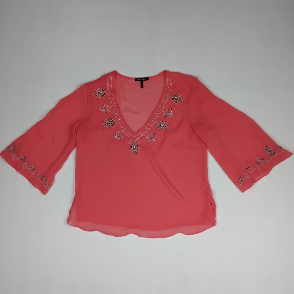 Daisy Fuentes Coral Pink Sheer Chiffon Blouse Beaded Jeweled V-Neck 3/4 Sleeve S